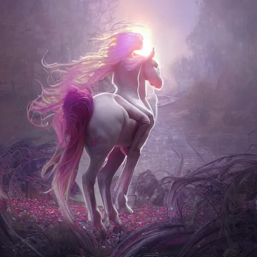 Image similar to a iridescent unicorn is injured, footsteps of blood leading up to it, toxic glowing smog in the sky, ultra realistic, concept art, intricate details, highly detailed, photorealistic, octane render, 8 k, art by art by artgerm and greg rutkowski and alphonse mucha