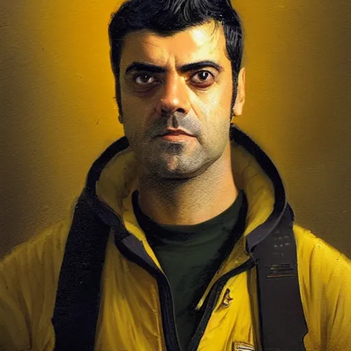 Image similar to portrait of a man by greg rutkowski, he looks like oscar isaac, star wars expanded universe, he is about 3 0 years old, wearing yellow and black starfighter pilot uniform from the galactic triunvirate.