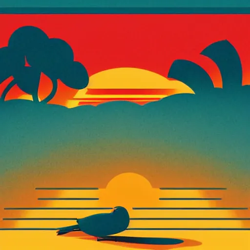 Prompt: early bird catches the worm, sunrise, illustrartive art by Tom Whalen,