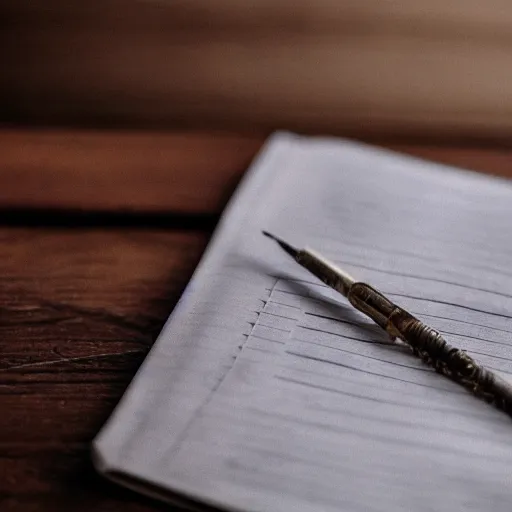 Image similar to highly detailed close up photo of an old worn notebook on wooden table, old table, feather pen, light coming out of near window, moody lighting, dust in air