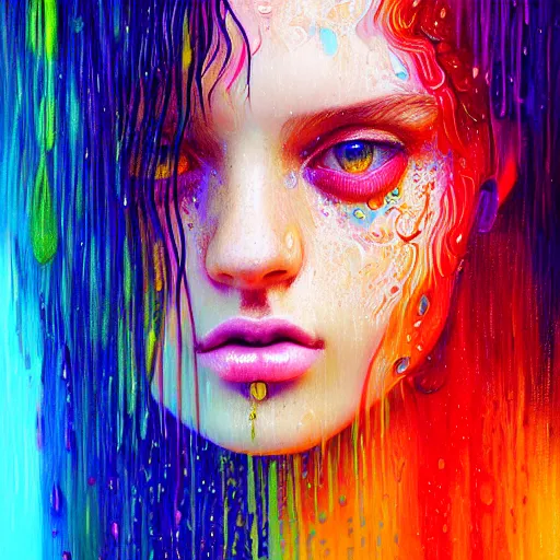 Prompt: portrait of girl in uniquely colored psychedelic rain with wet hair and face, fantasy, intricate, elegant, dramatic lighting, epiphany, highly detailed, lifelike, photorealistic, digital painting, artstation, concept art, smooth, sharp focus, illustration, art by John Collier and Albert Aublet and Krenz Cushart and Artem Demura and Alphonse Mucha