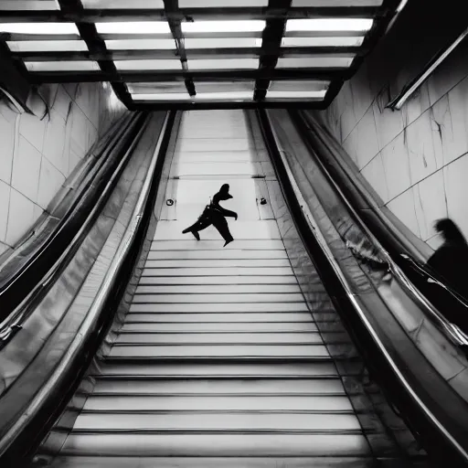 Image similar to a photography of an escalator going down, kyiv subway, artist