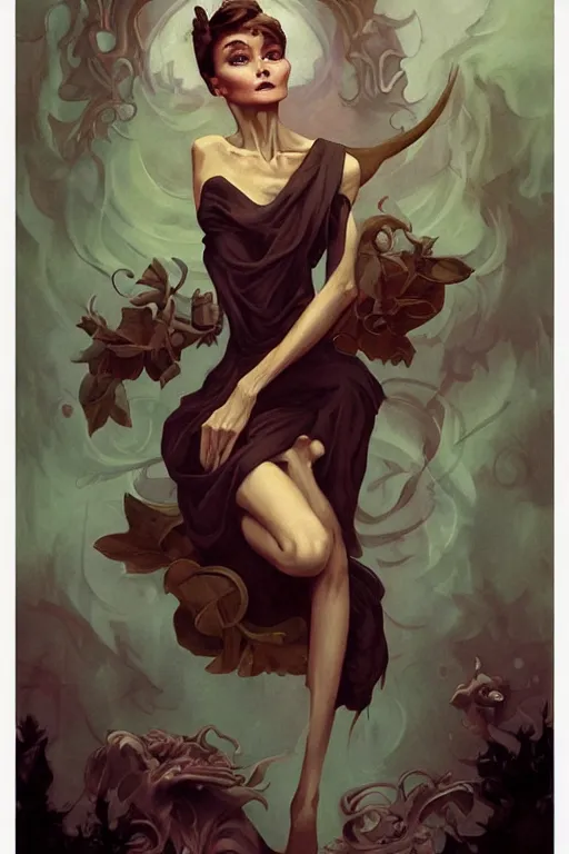 Image similar to Audrey Hepburn by Peter Mohrbacher in the style of Gaston Bussière, Art Nouveau