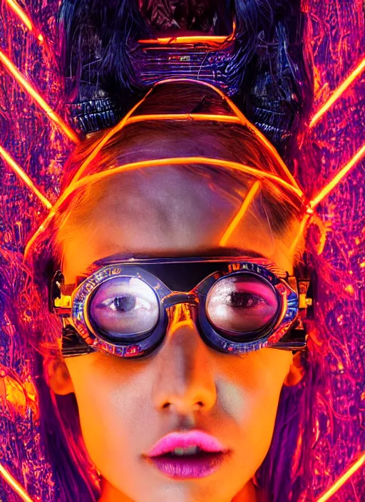 Prompt: vertical portrait of ancient ecuadorian female with space glasses and cyberpunk style, standing in the dark room, under neon, extremely fine detail background, highly detailed, detailed eyes, high quality, fashion editorial photography, hyperrealistic, from vogue magazine