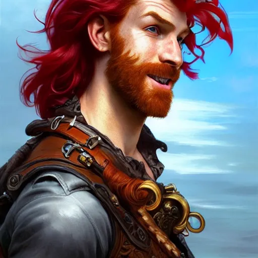 Image similar to portrait of a young ruggedly handsome but joyful pirate with red hair, male, masculine, upper body, red hair, long hair, d & d, fantasy, joyful smirk, intricate, elegant, highly detailed, digital painting, artstation, concept art, matte, sharp focus, illustration, art by artgerm and greg rutkowski and alphonse mucha