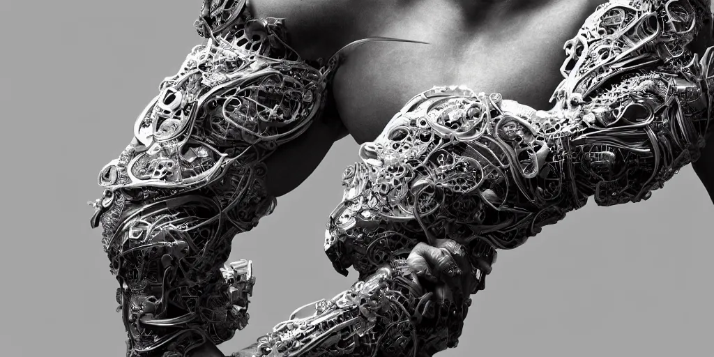Prompt: hyper realistic photography of a stunningly beautiful cyborg male, elbow, plated arm, intimate, holding hands, ribbons, in the style of beth cavener, jin kagetsu,, and wlop, highly detailed, intricate filigree, symmetry, masterpiece, award winning, sharp focus, concept art, ringflash, ambient lighting, octane render, 8 k, artstation
