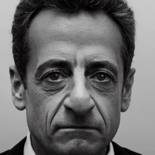 Image similar to mugshot portrait of Nicolas Sarkozy, heavy grain, overexposed flash