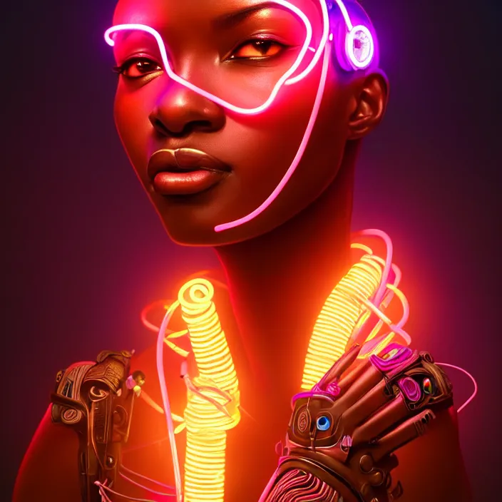 Image similar to beautiful african organic cyborg, neon tube connections, diffuse lighting, fantasy, intricate, highly detailed, lifelike, photorealistic, digital painting, artstation, illustration, concept art, smooth, sharp focus