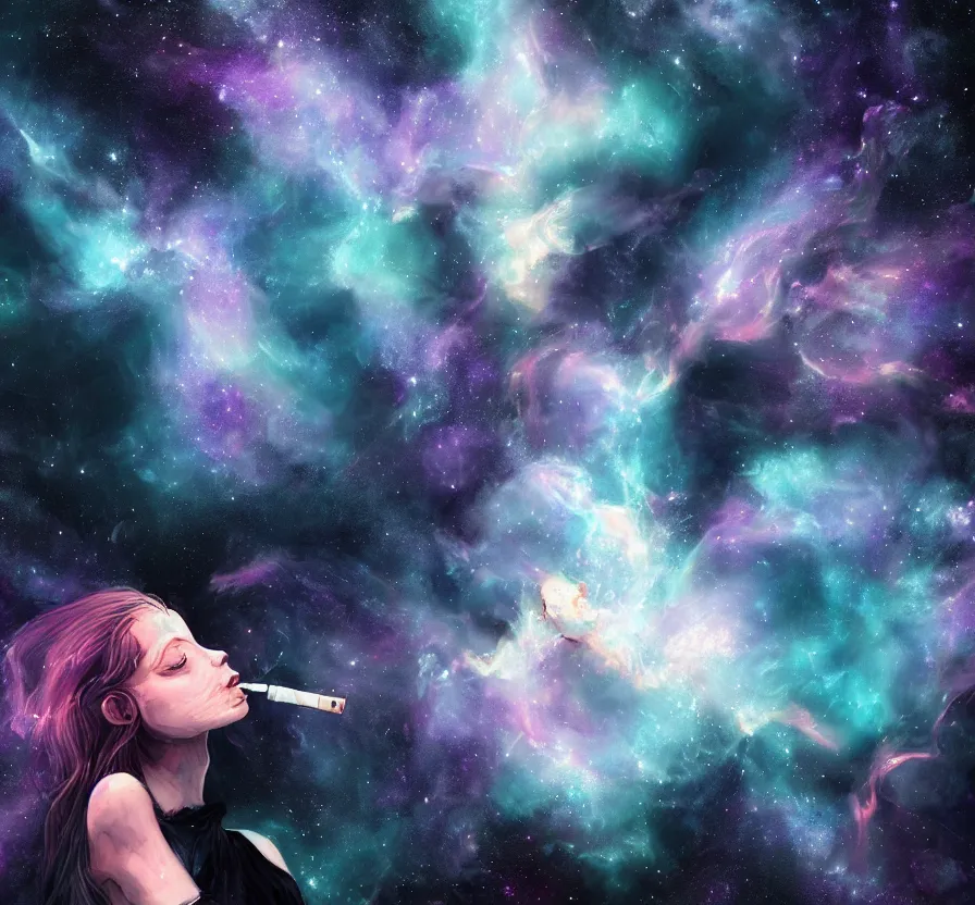 Prompt: girl smoking in space, nebula, dark colors, black hole, acrilic paint, digital, artstation, detailed, intricate ink, illustration, heavenly atmosphere, digital art, over detailed art, conceptart