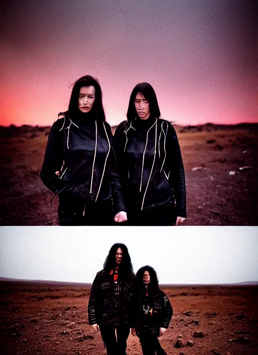 Image similar to cinestill 5 0 d photographic portrait of two loving clones, women wearing rugged black techwear on a desolate plain with a red sky, closeup, diverse species, cyberpunk, in front of a brutalist dark metal facility, dust storm, 3 5 mm, 8 k, depth of field, high resolution, ultra realistic faces, beautiful faces