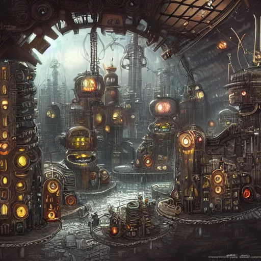 Image similar to robot city, steampunk art, fantasy style, super high detail, super high quality, talented artist, trending on artstation, machinarium