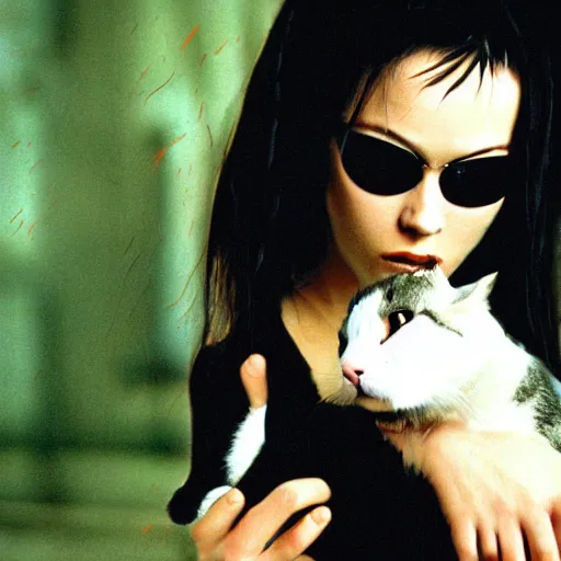 Prompt: a beautiful old portrait film photo of Neo from The Matrix holding a cat, taken on Pentax 35mm, vintage film