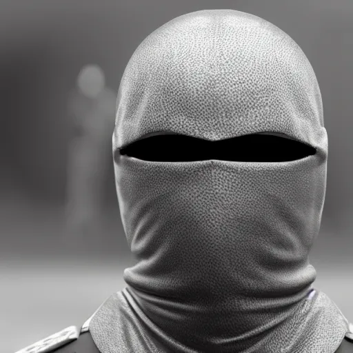 Image similar to criminal wearing a balaclava holding an automatic weapon, cinematic, hyperrealism, octane rendering, 8 k, depth of field, bokeh, iridescent accents