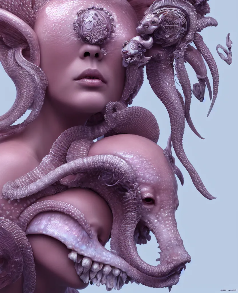 Image similar to goddess princess face close-up portrait ram skull. hard surface modelling zbrush and octane render. jellyfish phoenix head, nautilus, orchid, skull, betta fish, bioluminiscent creatures, intricate artwork by Tooth Wu and wlop and beeple. octane render, trending on artstation, greg rutkowski very coherent symmetrical artwork. cinematic, hyper realism, high detail, octane render, 8k