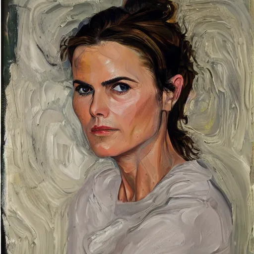 Prompt: of keri russell painted in the style of lucien freud later period with thick impasto oil paint