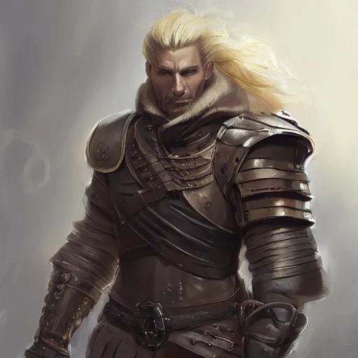 Prompt: portrait of a muscular, grim, ponytail haired blonde man in his late 30's with only one arm armored, wearing a thick brown leather coat, looking to his side, hunter, DnD character, fantasy character, digital art by Ruan Jia, Krenz Cushart, Rossdraws