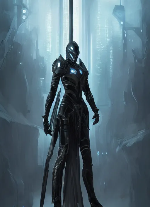 Image similar to dark seraphim knight in light armor wielding a magical lance, full body silhouette. dark water, cyberpunk pearl armor, futuristic fantasy, highly detailed, digital painting, trending on artstation, concept art, sharp focus, illustration, art by artgerm and nixeu and greg rutkowski and magali villeneuve.