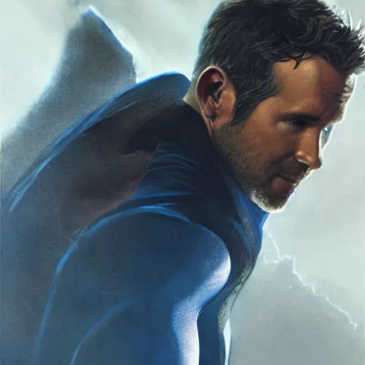 Image similar to ryan reynolds as spider - man, wearing a black and blue suit, cinematic, volumetric lighting, f 8 aperture, cinematic eastman 5 3 8 4 film, photorealistic by greg rutkowski, by stanley artgerm, by alphonse mucha