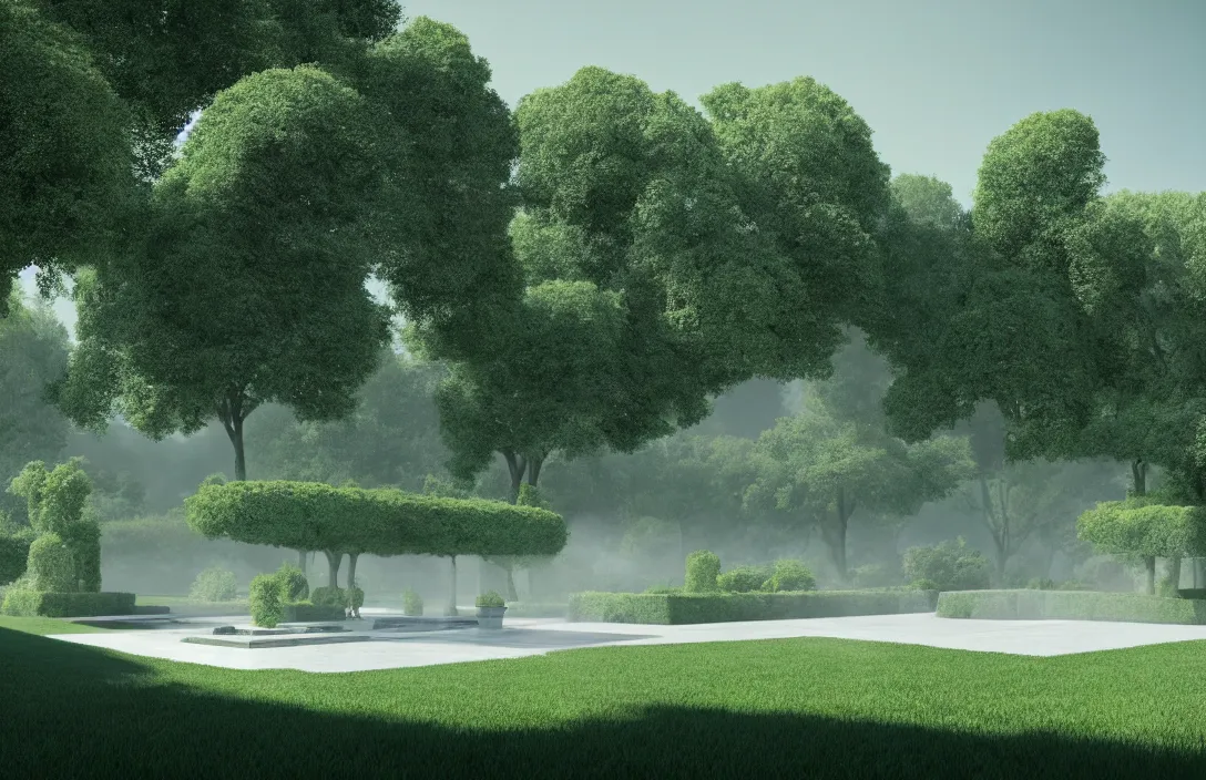 Prompt: form has depth as well as width and height. three - dimensional form is the basis royal garden design by andre le notre umbrian hills dissolving into mist under a limpid blue sky implicit link is made between render by gregory crewdson