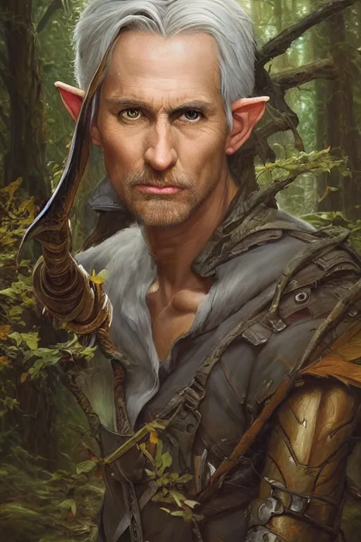 Prompt: beautiful oil painting with high detail of a male wood-elf ranger with yellowish skin, and grey hair from dungeons and dragons in the forest by artgerm and greg rutkowski and thomas kinkade