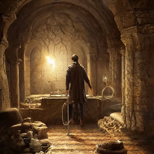 Image similar to epic masterpiece of cinematographic hyperrealism where an archeologist finds a goblet of immortality in an ancient crypt. realistic shaded lighting poster by craig mallismo, artgerm, jeremy lipkin and michael garmash, unreal engine, detailed and intricate environment, digital art, art station trends, horror, matte