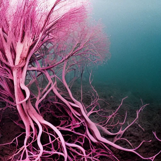 Prompt: roots underwater, award winning magenta and white photography, high contrast, high definition