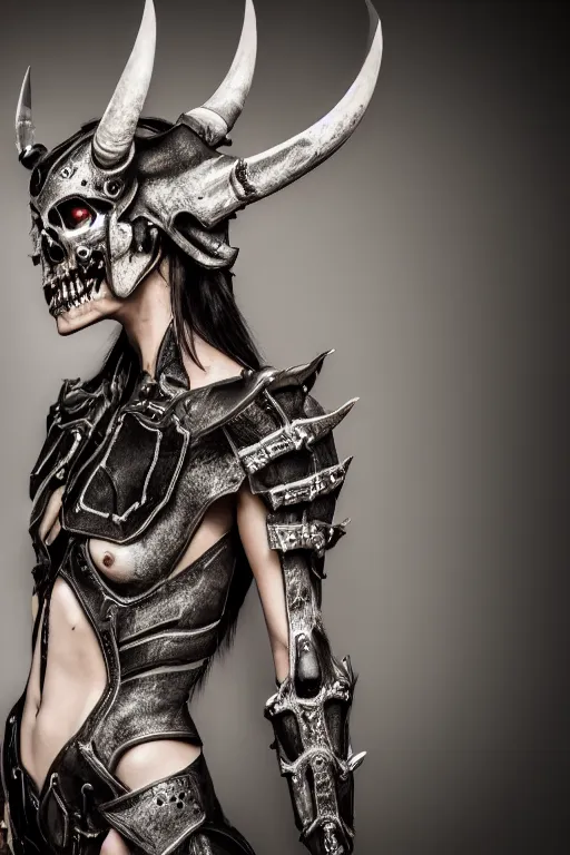 Image similar to a beautifull demon model, wearing organic bone armor, luxury materials, symmetrical, cinematic, elegant, professional studio light, real dlsr photography, sharp focus, 4 k, ultra hd, sense of awe, high fashion