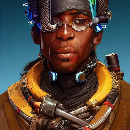 Prompt: a cyberpunk zulu hunter, Apex Legends character digital illustration portrait design, by android jones, detailed, cinematic lighting, wide angle action dynamic portrait