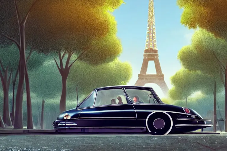 Image similar to a wholesome animation key shot of!! one!! focused! 1 9 7 4 citroen ds! in a tree lined paris street with a view of eiffel tower, medium shot, studio ghibli, ( pixar ) and disney animation, sharp, very detailed, high resolution, rendered in unreal engine 5, anime key art by greg rutkowski, bloom, dramatic lighting