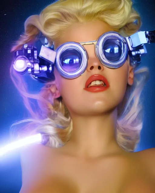 Image similar to centered portrait photo of flirtatious young anna nicole smith as a solarpunk mecha humanoid robotic parts wearing goggles with bright lights, real human face, pudica pose by bouguereau, inside white room, ultra - realistic and detailed, 8 k