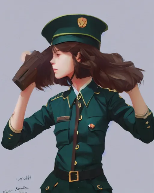 Image similar to young woman with shoulder length light brown hair and hazel eyes dressed in a sharp dark teal military uniform and beret, anime, ilya kuvshinov, greg rutkowski, guweiz, ross tran, loish, svetlana tigai, artgerm, artstation trending, concept art, digital painting