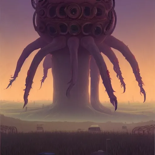 Image similar to giant eldritch horror, simon stalenhag