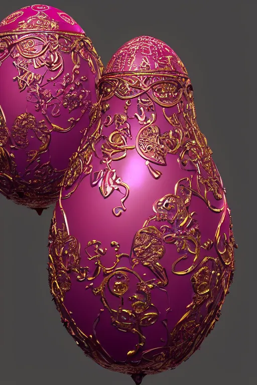 Prompt: a ornate detailed red and purple glowing egg, a faberge egg, an eggplant fruit still on the vine, unreal engine 5, volumetric lighting, trending on artstation