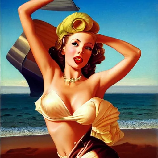 Prompt: woman, dressed in pin up style, beach, sun, stylish, proportional, greg hildebrandt fancy rococo baroque regal oil painting high quality