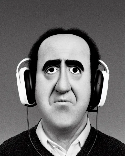 Image similar to actor Andy Kaufman as a muppet wearing noise cancellation headphones, Hyperreal, Studio Lighting