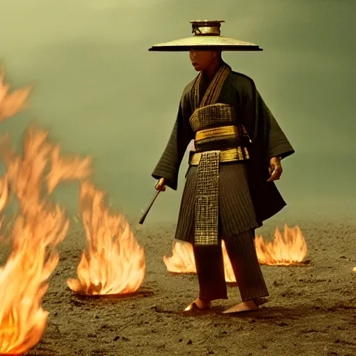 Image similar to cinematic film still Pharrell Williams starring as a Samurai holding fire, Japanese CGI, VFX, 2003, 40mm lens, shallow depth of field,film photography