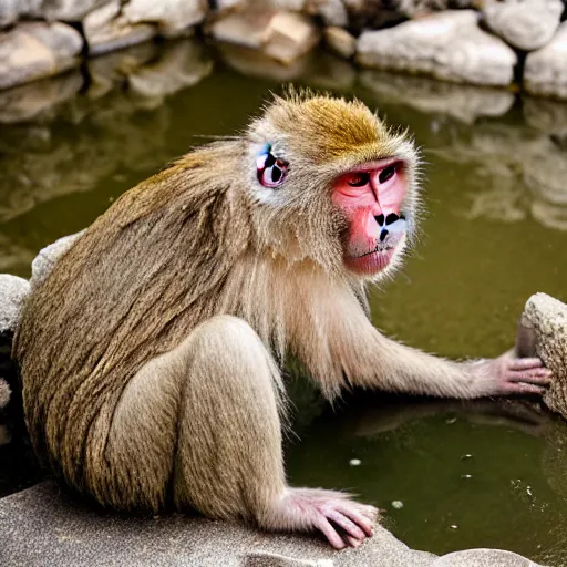 Prompt: japanese macaque bathing in a hot spring, winter, nature photography