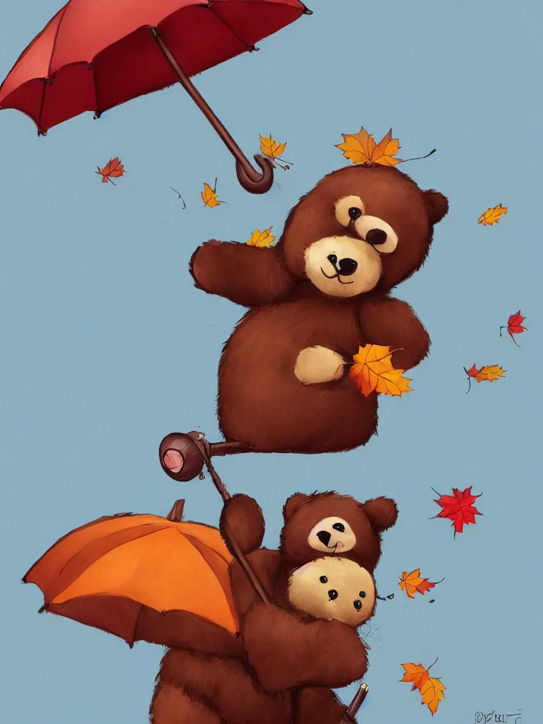 Prompt: autumn a bear with an umbrella cartoon trending on artstation