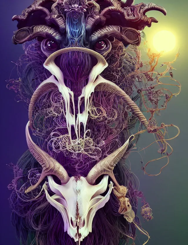 Image similar to 3 d goddess goat skull half - turn portrait with long hair with ram skull. beautiful intricately detailed japanese crow kitsune mask and clasical japanese kimono. betta fish, jellyfish phoenix, bio luminescent, plasma, ice, water, wind, creature, artwork by tooth wu and wlop and beeple and greg rutkowski