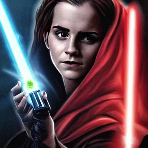 Image similar to emma watson as a sith lord with a cloak and a lightsaber, commissioned fan art