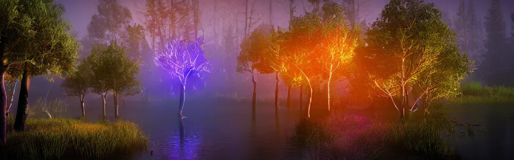 Prompt: fantasy forest of glowing trees and glowing flying insects, a lake reflecting the lights, myst on the air, cinematic feel, hyper realistic, high detail, blender render .