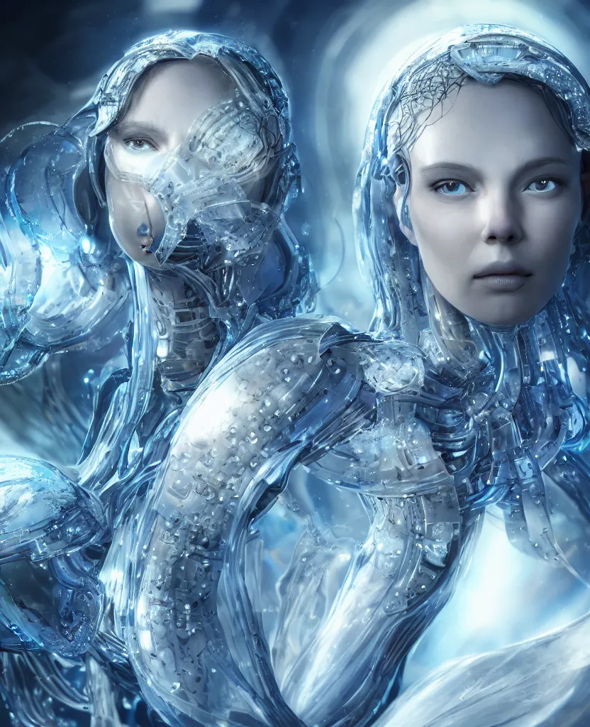 Image similar to epic futuristic ancient close-up macro portrait of the face of a beautiful princess, epic angle and pose, symmetrical artwork, 3d with depth of field, blurred background, cybernetic jellyfish crystal, obsidian, female face skull phoenix bird, translucent, nautilus, energy flows of water and fire. a highly detailed epic cinematic concept art CG render. made in Maya, Blender and Photoshop, octane render, excellent composition, cinematic dystopian brutalist atmosphere, dynamic dramatic cinematic lighting, aesthetic, very inspirational, arthouse. y Greg Rutkowski, Ilya Kuvshinov, WLOP, Stanley Artgerm Lau, Ruan Jia and Fenghua Zhong