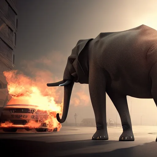 Image similar to apocalyptic, an robotic elephant walking on the future street. smoke. volumetric lighting, sharp focus, ultra detailed, cgsociety - w 1 0 2 4 - n 8 - i