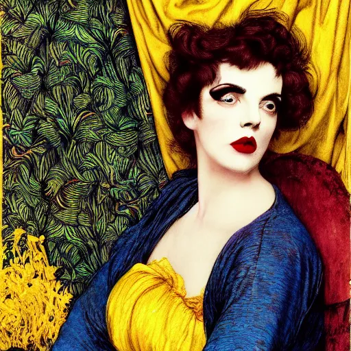 Image similar to hybrid of judy garland and lady gaga, brown fringe, large big downslanted eyes, large full lips, reclining on flowing bed cool stylish, yellow ochre ornate medieval dress, john william waterhouse, kilian eng, rosetti, john everett millais, william holman hunt, william morris, 4 k