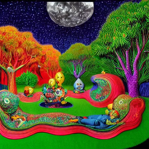 Image similar to psychedelic couch sofa in the lush forest, milky way, designed by moebius, rob gonsalves, gustav dore, giuseppe arcimboldo and carl barks, louis wain, trending on artstation, canada, star, sharp focus, colorful refracted sparkles and lines, soft light, 8 k 4 k