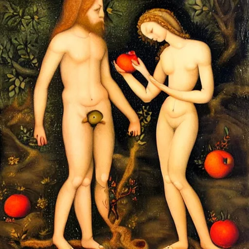 Image similar to adam and eve with apples on their hands