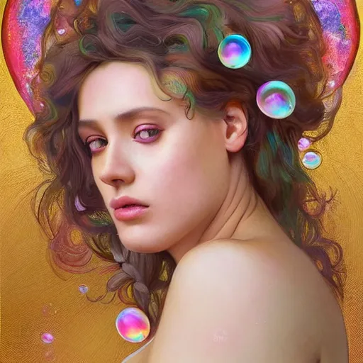 Image similar to dream portrait of KSI, dreamy and ethereal, expressive pose, big pink eyes, exciting expression, fantasy, intricate, elegant, many rainbow bubbles, rose tones, highly detailed, digital painting, artstation, concept art,cyberpunk wearing, smooth, sharp focus, illustration, art by artgerm and greg rutkowskiand alphonse mucha,Salvador Dali.