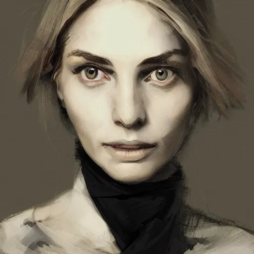 Image similar to Portrait of a woman by Greg Rutkowski, she is about 40 years old, pretty, blond hair with two strans around her face, slavic features, melancholic gaze, pretty aquiline nose, stressed but loving and affectionate mother vibes, she is wearing a black and white utilitarian jumpsuit, highly detailed portrait, digital painting, artstation, concept art, smooth, sharp foccus ilustration, Artstation HQ.