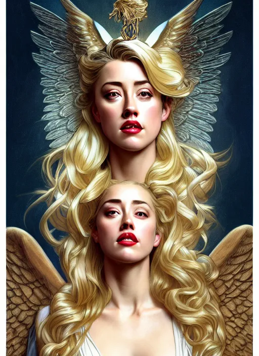 Prompt: portrait of amber heard as an blonde angel, wings, bible, intricate, headshot, highly detailed, digital painting, artstation, concept art, sharp focus, cinematic lighting, illustration, art by artgerm and greg rutkowski, alphonse mucha, cgsociety