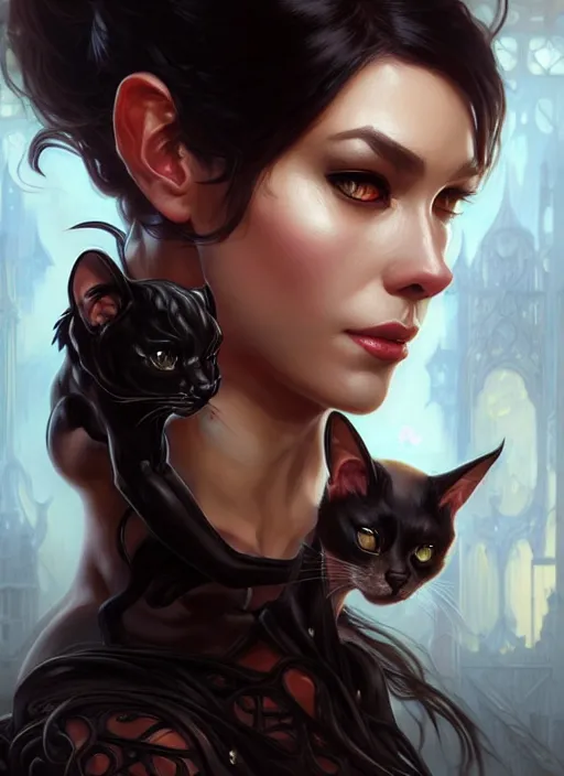 Prompt: portrait of aggressive cat woman humanoid, d & d, sexy! fantasy, intricate, elegant, highly detailed, digital painting, artstation, concept art, smooth, sharp focus, illustration, art by artgerm and greg rutkowski and alphonse mucha
